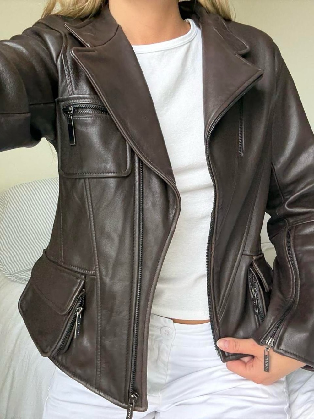 Calvin Klein brown leather jacket, biker style